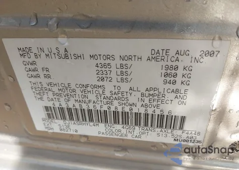 2008 Mitsubishi Galant Es from USA, damaged, VIN 4A3AB36F08E018456